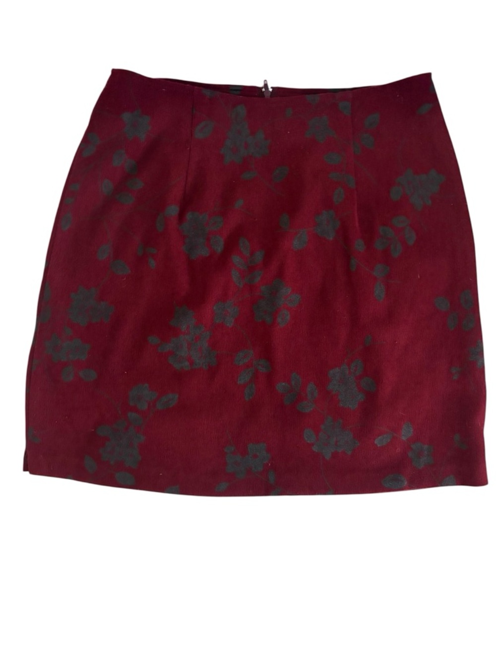 Whimsigoth Wrapper Burgundy Mini Skirt with Dark Floral Print | Size 9/10
